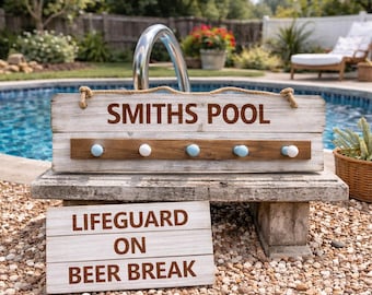 Personalized Pool Towel Rack, Outdoor Towel Holder, Lifeguard Sign, Poolside Storage, Beach House Decor