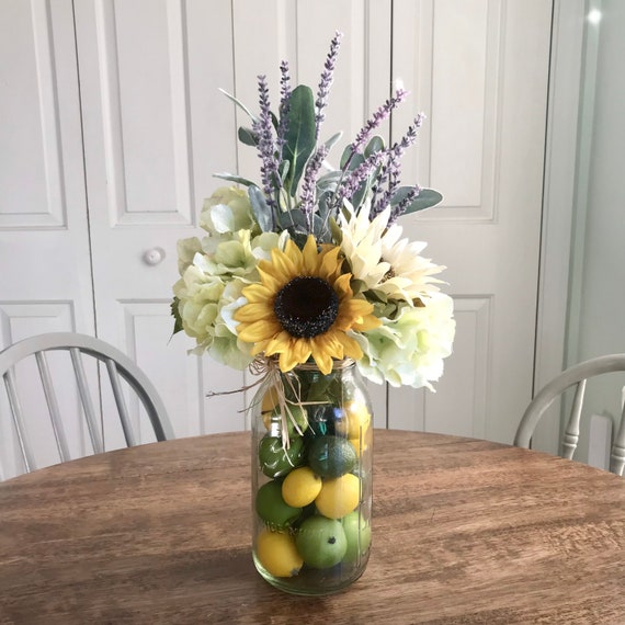 Kitchen Table Centerpiece, Spring Floral Arrangement, Lemon Centerpiece, Summer Dining Table Centerpiece, Farmhouse Kitchen Decor