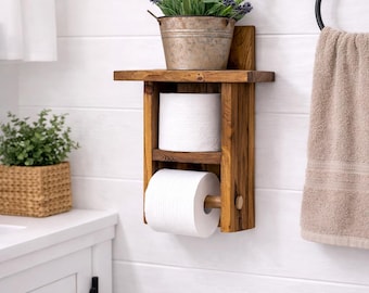 Farmhouse Toilet Paper Holder with Shelf, Rustic Bathroom Storage, Wall Mounted Organizer
