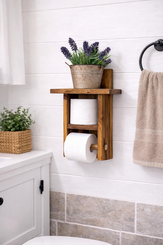Farmhouse Toilet Paper Holder with Shelf, Rustic Bathroom Storage, Wall Mounted Organizer