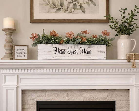 Personalized Farmhouse Mantel Centerpiece Box, Rustic Fireplace Decor, Wooden Table Box, Kitchen Table Centerpiece