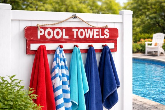 Personalized Pool Towel Rack Set, Lifeguard Sign, Poolside Decor, Beach House Decor