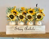 Rustic Coffee Table decorations wood planter box with mason jars filled with fall winter sunflowers