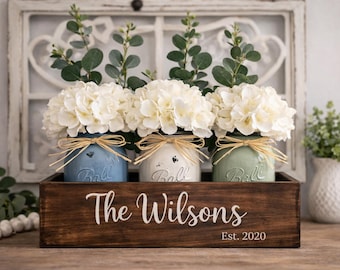 Personalized Mason Jar Centerpiece, Farmhouse Table Decor, Custom Family Name Wood Box, Wedding Gift