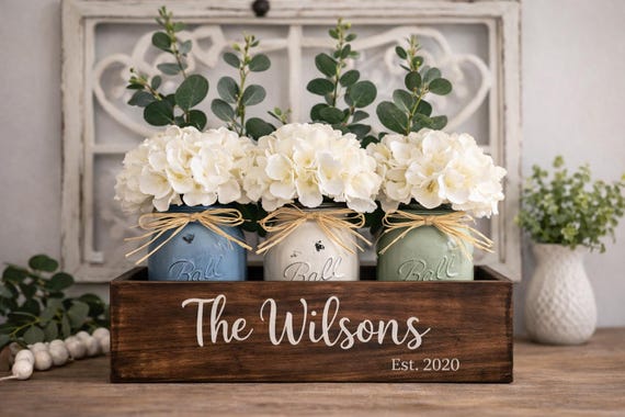Personalized Mason Jar Centerpiece, Farmhouse Table Decor, Custom Family Name Wood Box, Wedding Gift