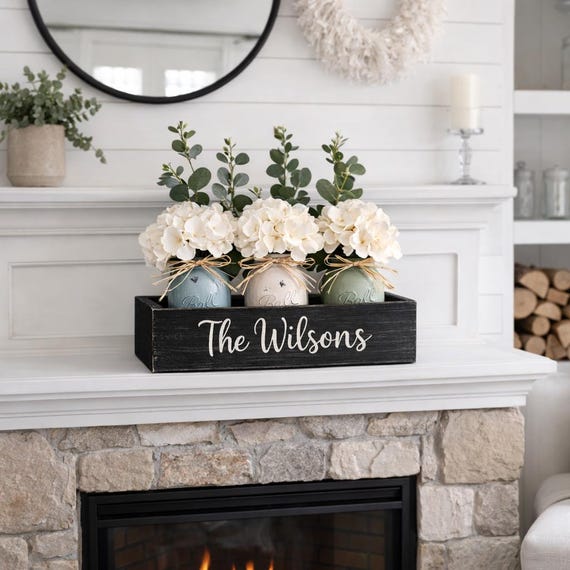 Personalized Farmhouse Centerpiece Box | Rustic Mason Jar Floral Decor