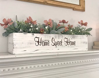 Spring Flowers Centerpiece Customized Quote Saying On Wood Planter Box For Mantle Decor, Floral ArrangementsFor Her