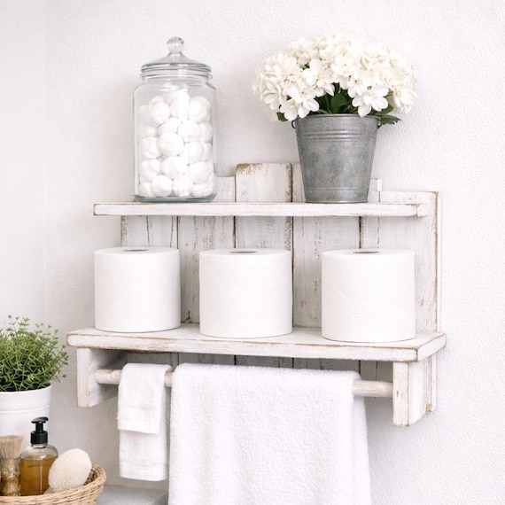 Farmhouse Wood Bathroom Shelf with Towel Bar, Rustic Storage Organizer