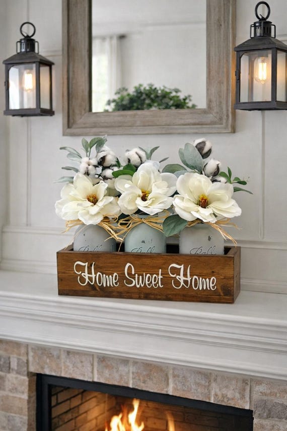 Farmhouse Floral Centerpiece, Magnolia Cotton Arrangement in Personalized Wooden Box