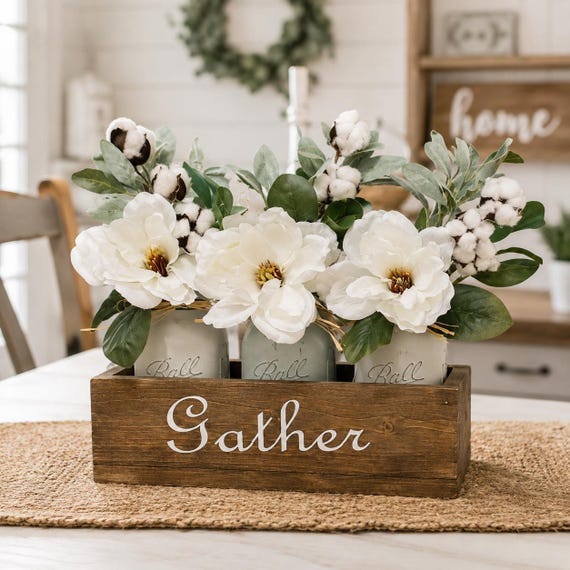 Personalized Farmhouse Centerpiece Box, Mason Jar Table Decor, Rustic Home Decor