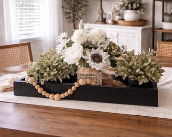 Farmhouse Centerpiece Tray, Black Wooden Table Decor, White Florals, Greenery, Beads