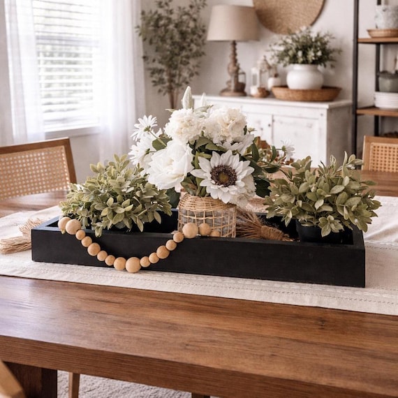 Farmhouse Centerpiece Tray, Black Wooden Table Decor, White Florals, Greenery, Beads