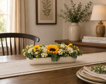 Sunflower Daisy Centerpiece, Farmhouse Table Decor, Summer Floral Arrangement, White Dough Bowl