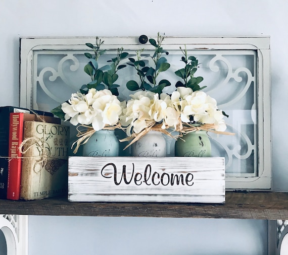 Farmhouse Mason Jars Decor, Table Centerpiece with Mason Jars, Farmhouse Planter Box with Mason Jars, Spring Table Decor, Coffee Table Decor