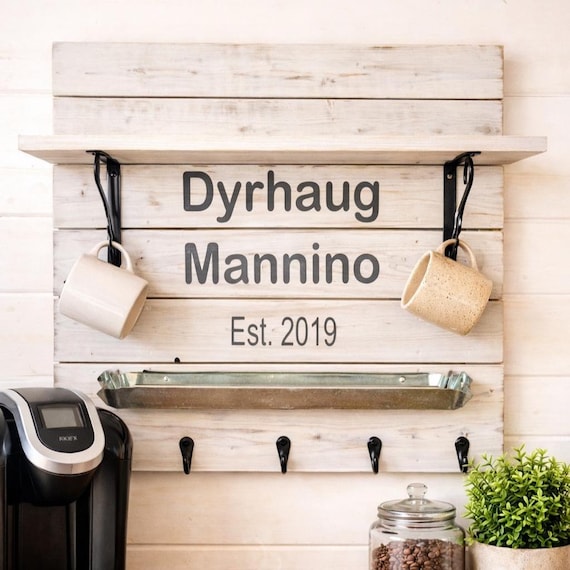 Personalized Coffee Bar Shelf with Hooks | Rustic Farmhouse Decor