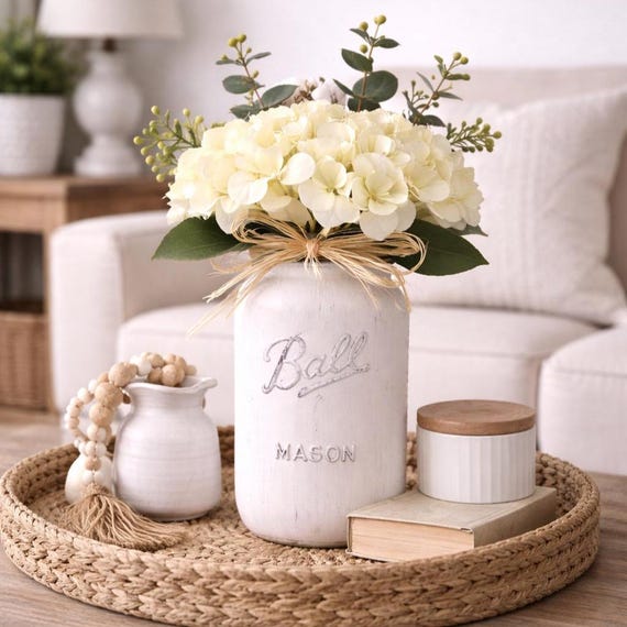 Hand-Painted Mason Jar Hydrangea Arrangement, Farmhouse Rustic Decor