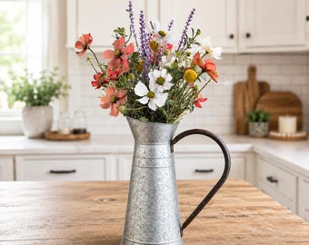 Artificial Fall Wildflower Centerpiece, Galvanized Metal Pitcher, Farmhouse Floral Arrangement, Kitchen Table Decor
