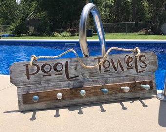 Towel Rack, Custom Sign Beach Towel Rack, with Towel Hooks, Personalized Pool Sign, Comes in variety of Colors Explore Now!