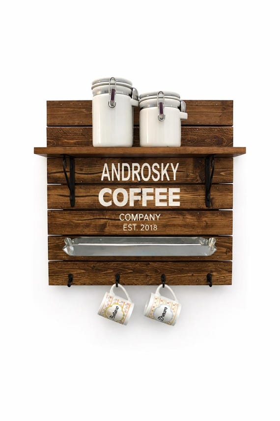 Personalized Coffee Bar Sign | Rustic Farmhouse Coffee Station with Mug Hooks