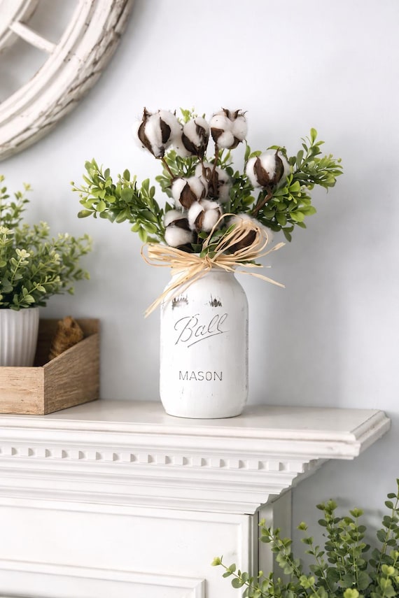 Hand-Painted Distressed Mason Jar Cotton Arrangement, Rustic Farmhouse Decor
