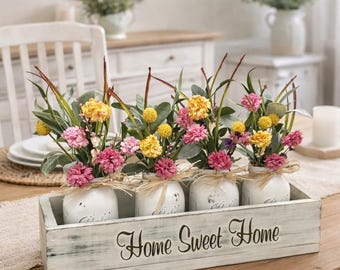 Farmhouse Mason Jar Centerpiece Box with Flowers, Rustic Table Decor