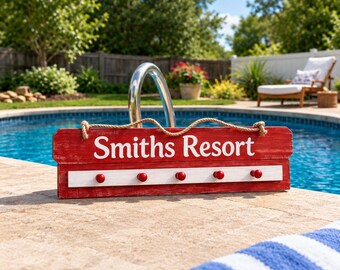 Personalized Pool Towel Rack, Custom Family Name Pool Sign, Outdoor Towel Holder, Beach House Decor, Pool Patio Gift
