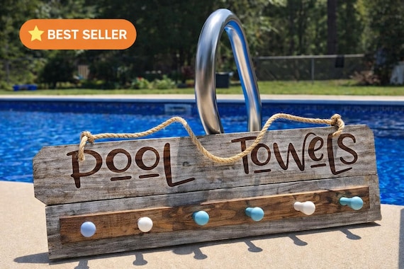 Rustic Wooden Pool Towel Holder with Hooks, Personalized Outdoor Decor