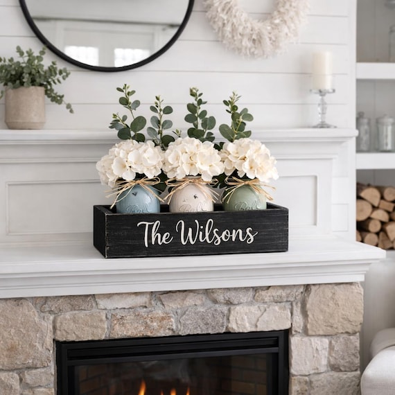 Personalized Farmhouse Centerpiece Box, Mason Jar Decor, Hydrangea, Rustic Table