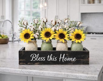 Sunflower Mason Jar Centerpiece Box, Farmhouse Table Decor, Kitchen Island Decor