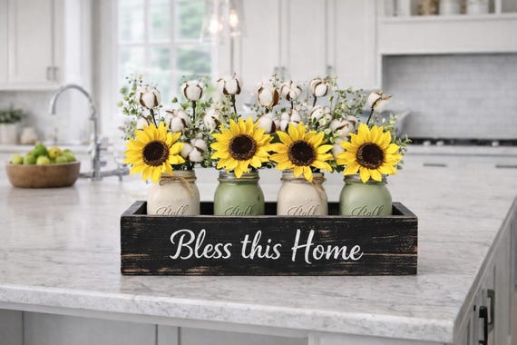 Sunflower Mason Jar Centerpiece Box, Farmhouse Table Decor, Kitchen Island Decor