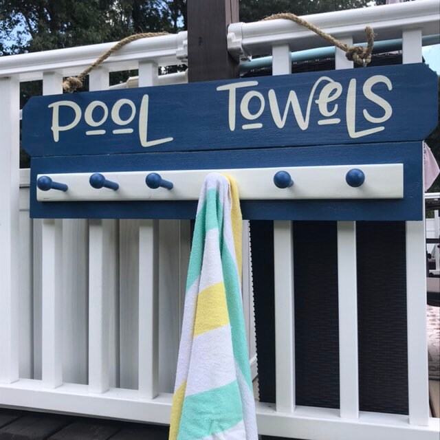 Pool Signs with Towel Hooks, Pool Towels Rack, Pool Sign with Beach