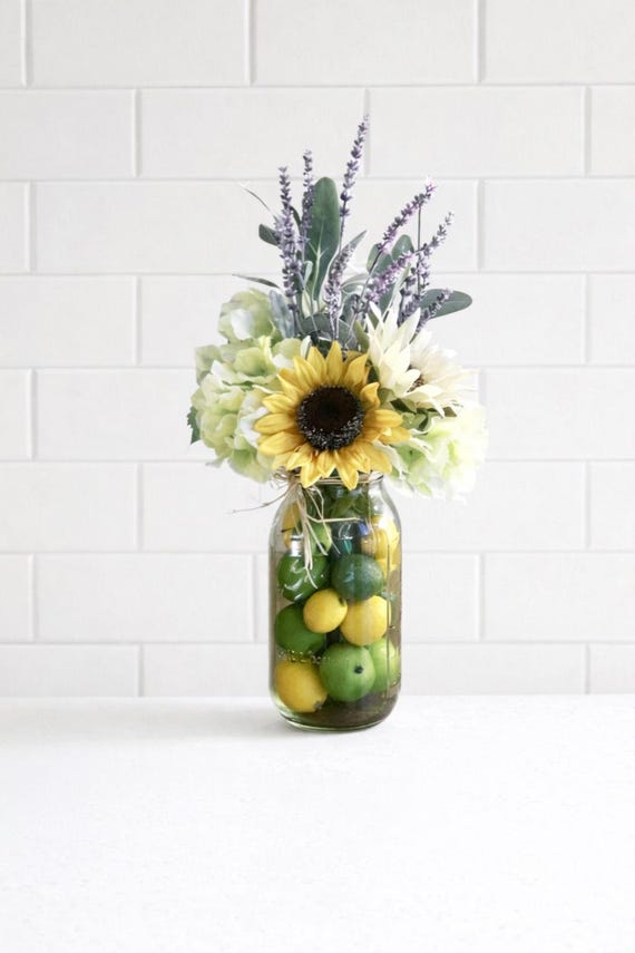 Sunflower Mason Jar Centerpiece with Lemon & Fruit | Farmhouse Kitchen Table Decor | Rustic Housewarming Gift