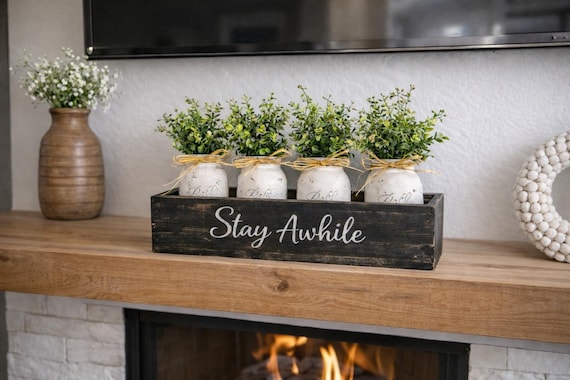 Stay Awhile Centerpiece Box, Farmhouse Table Decor, Rustic Mason Jar Home Decor