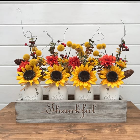Fall Sunflower Centerpiece, Personalized Apartment Gift, Fall Dining Room Table Decor, Fall Mantel Decor Planter Box