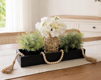 Handcrafted Modern Centerpiece Tray, Black Wood, White Florals, Greenery, Wood Beads