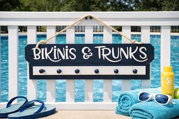 Personalized Pool Towel Rack, Custom Outdoor Pool Sign with Hooks