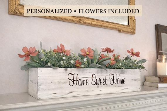 Personalized Mantel Centerpiece Box – Custom Farmhouse Wood Decor with Flowers