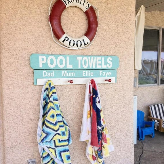 Personalized Pool Towel Rack: Rustic Wood Sign with Hooks