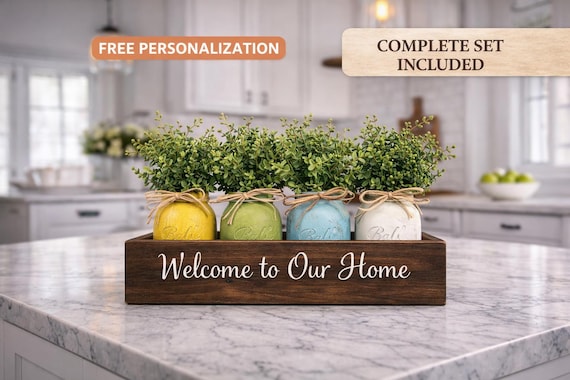 Personalized Farmhouse Centerpiece Box with Mason Jars, Rustic Kitchen Decor, Custom Family Name Sign