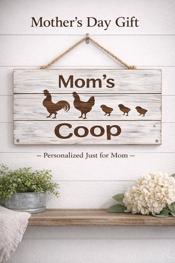 Personalized Rustic Farmhouse Chicken Coop Sign, Solid Wood Mom Gift