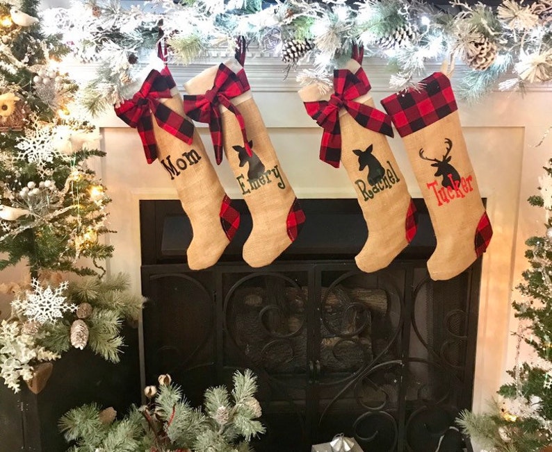 Family Christmas Stocking Set Four Personalized Stockings Stocking Set of Four Plaid Christmas Stockings Christmas Stockings Personalized