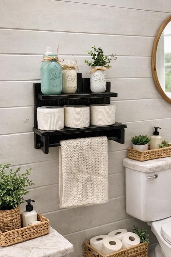 Bathroom Shelf with Towel Bar, Farmhouse Wall Shelf, Toilet Paper Holder, Rustic Wood Storage