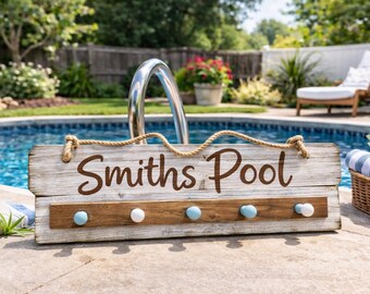 Rustic Lake House Sign with Towel Hooks, Personalized Cabin Decor