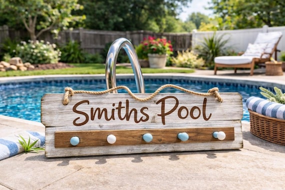 Rustic Lake House Sign with Towel Hooks, Personalized Cabin Decor