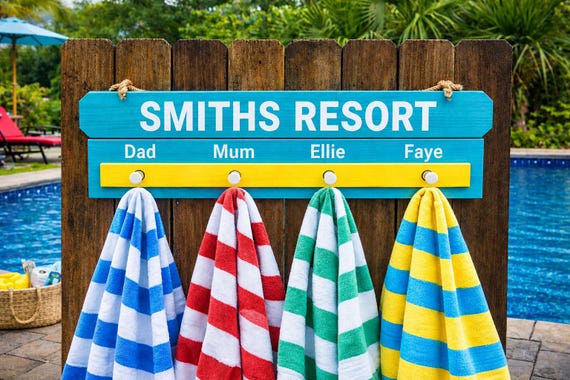 Personalized Pool Towel Rack, Beach House Decor, Nautical Towel Holder Hooks