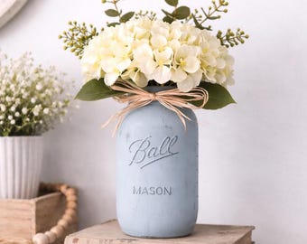 Hand-Painted Mason Jar Hydrangea Arrangement, Farmhouse Rustic Decor