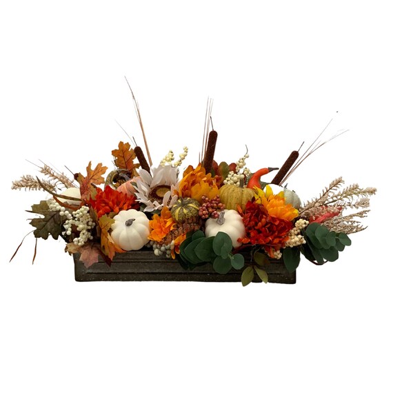 Thanksgiving Decor for Family Table Pumpkins Floral Arrangement in Tray, Thanksgiving Holiday Centerpiece, Fall Harvest Table Decor Autumn