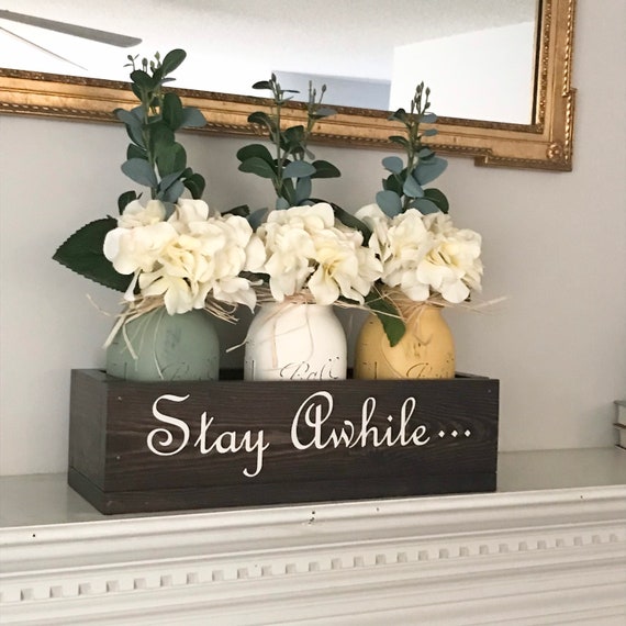 Personalized Wooden Centerpiece Box with Mason Jars & Faux Flowers | Custom Farmhouse Table Decor | Hand Painted Rustic Arrangement