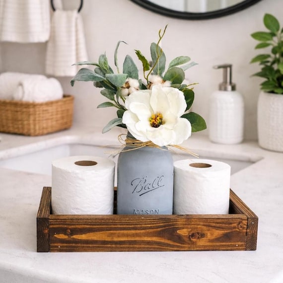 Rustic Farmhouse Bathroom Decor Tray with Mason Jar Flower Arrangement
