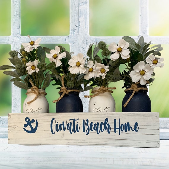 Beach House Decor, Coastal Decor Tray with Beach Sign On Front, Nautical Decor Vase Jars with Ocean Decor Colors